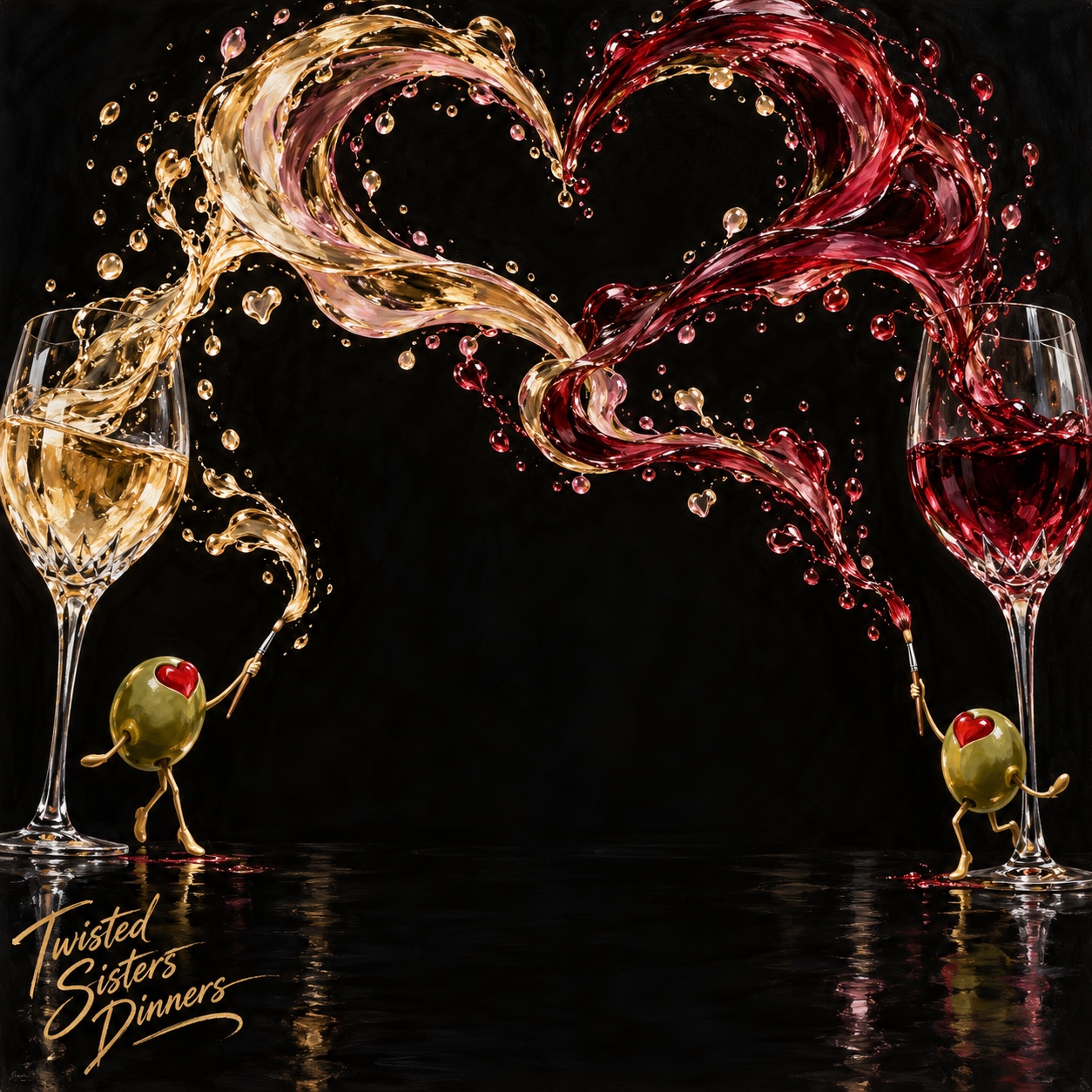Twisted Sisters celebratory artwork of sparkling wine forming a heart above glasses