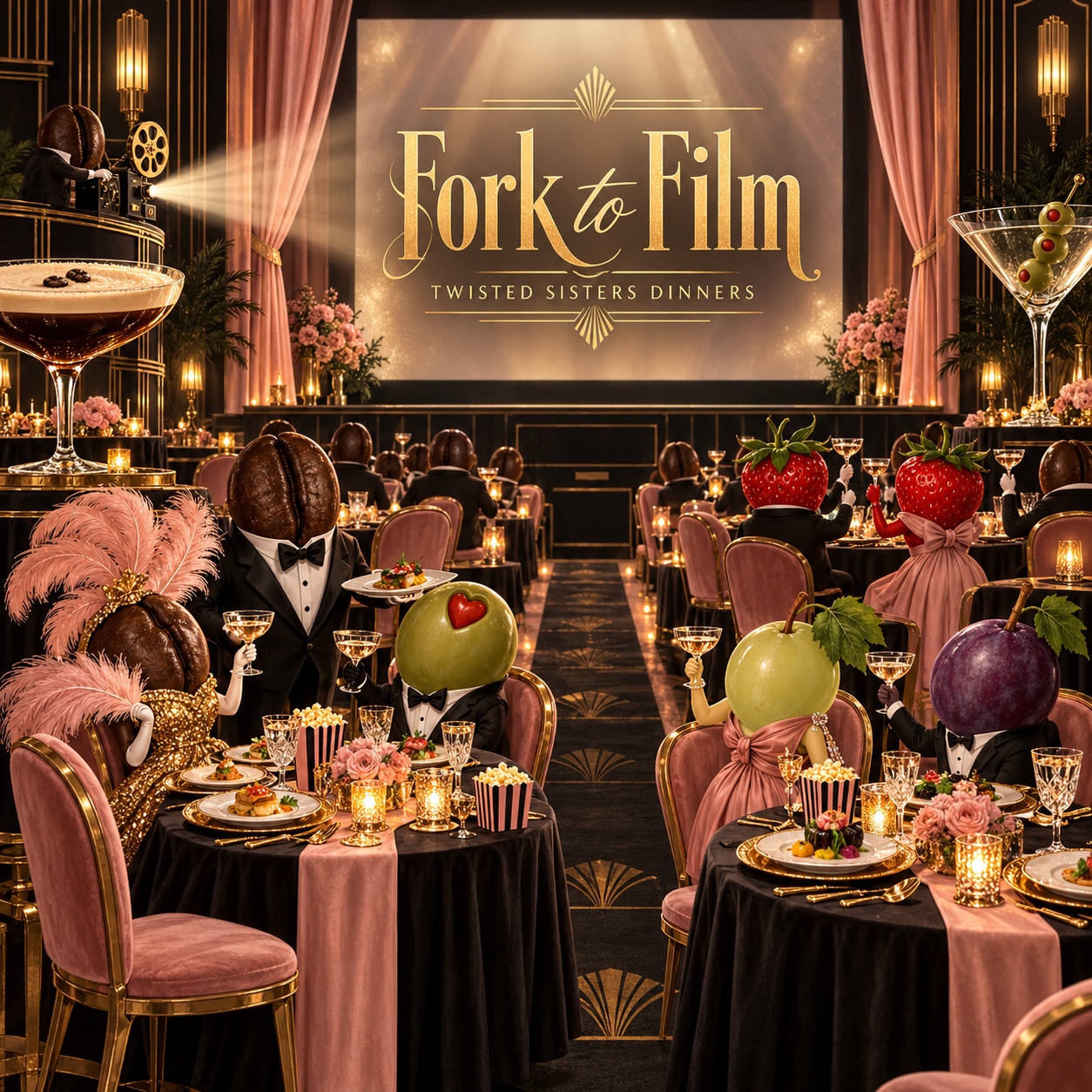 Fork to Film artwork: a cinematic dinner with dressed-up olives and espresso beans