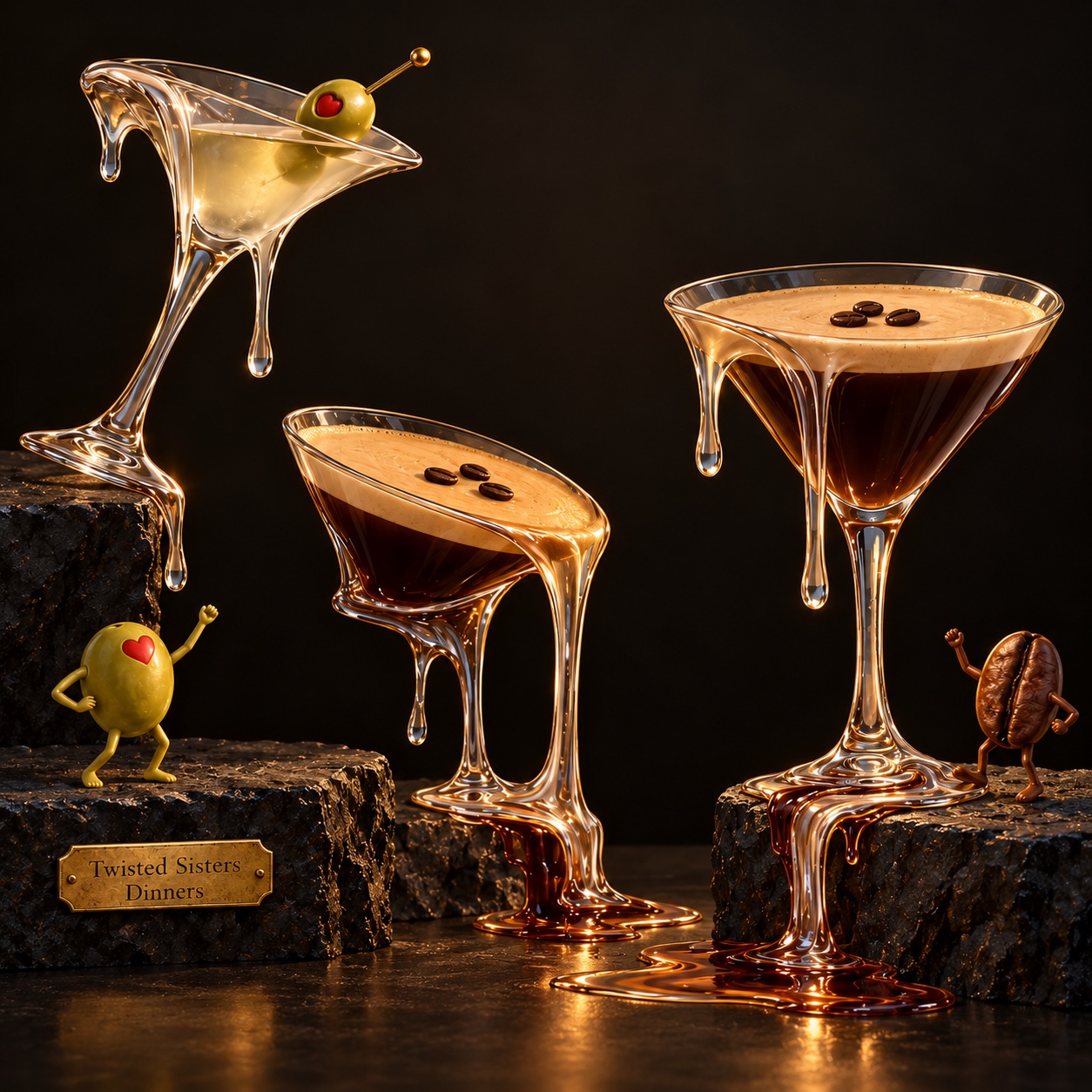 Twisted Sisters artwork with melting martini glasses, olives and espresso beans