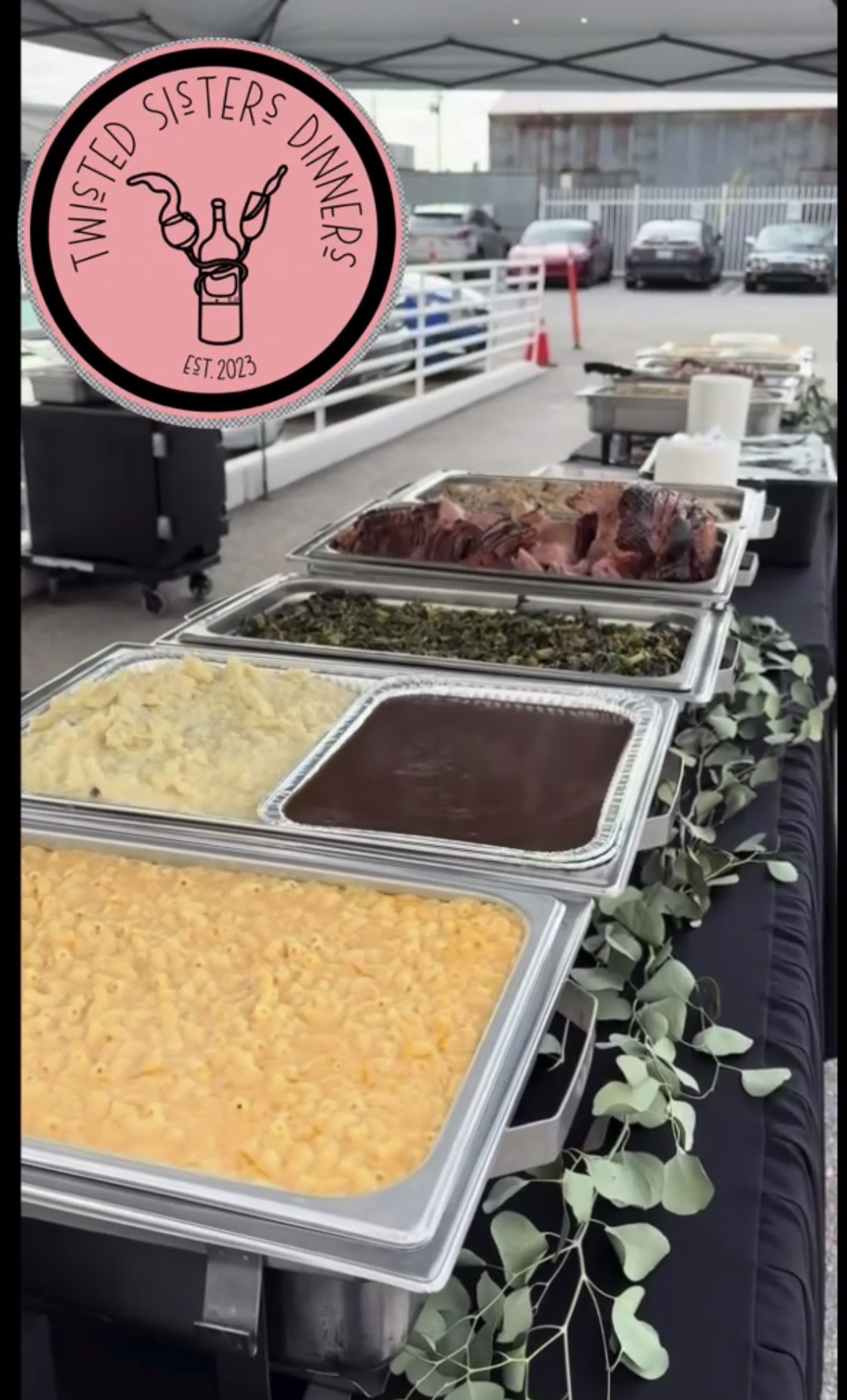 Twisted Sisters catering buffet with hot dishes set up for an event