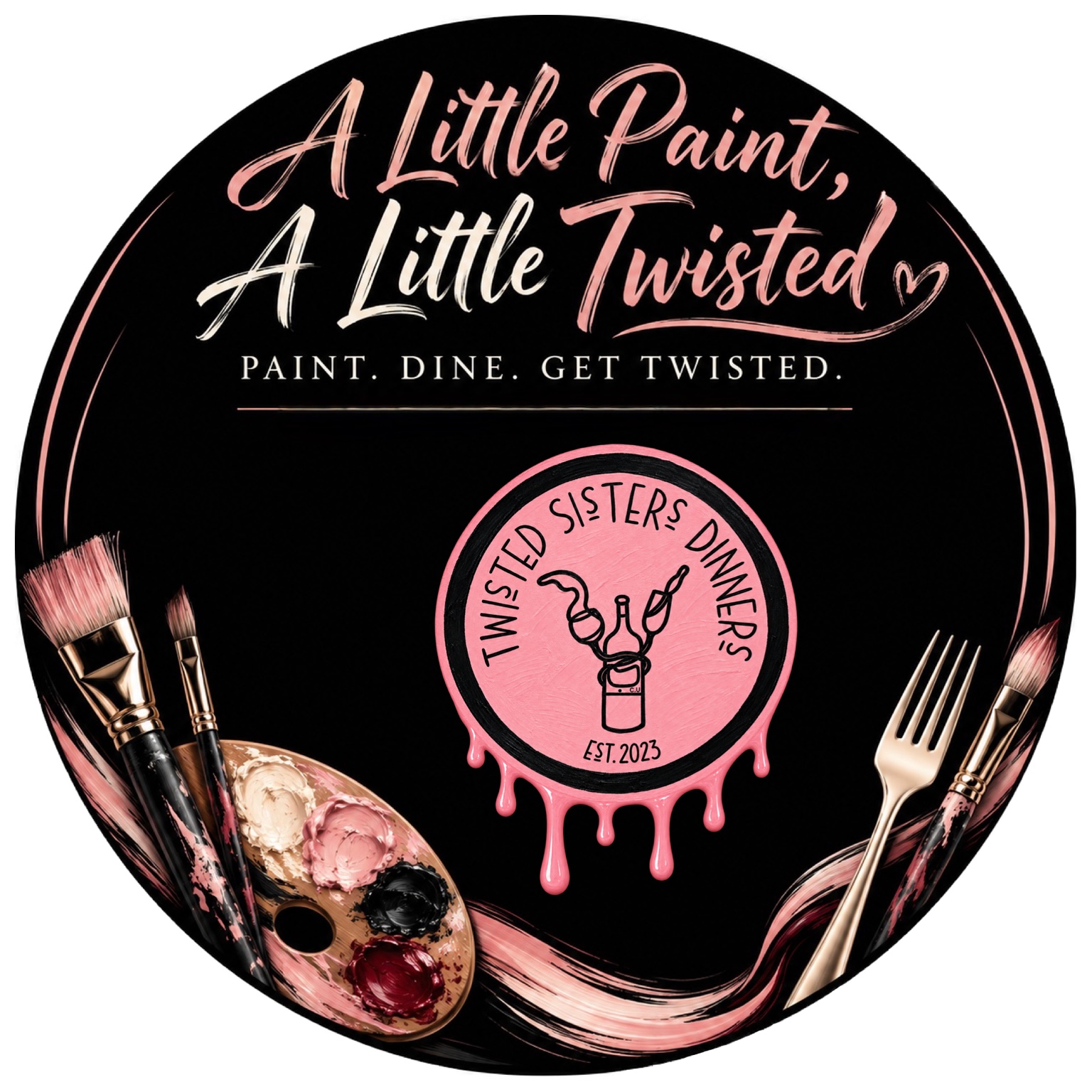 A Little Paint, A Little Twisted logo with pink paint, a brush and a fork