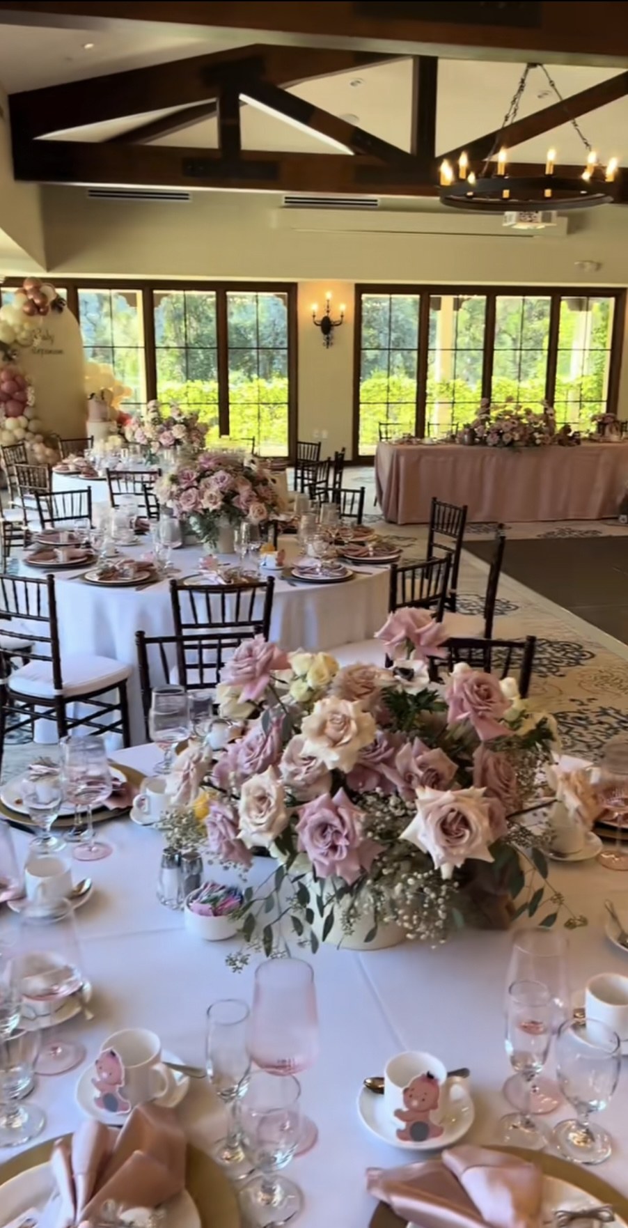 A wedding reception table setup.