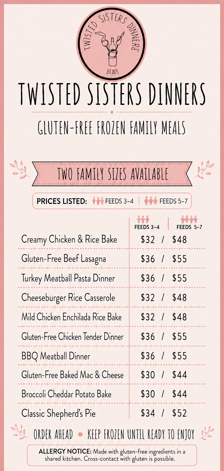 Gluten-free family meals menu