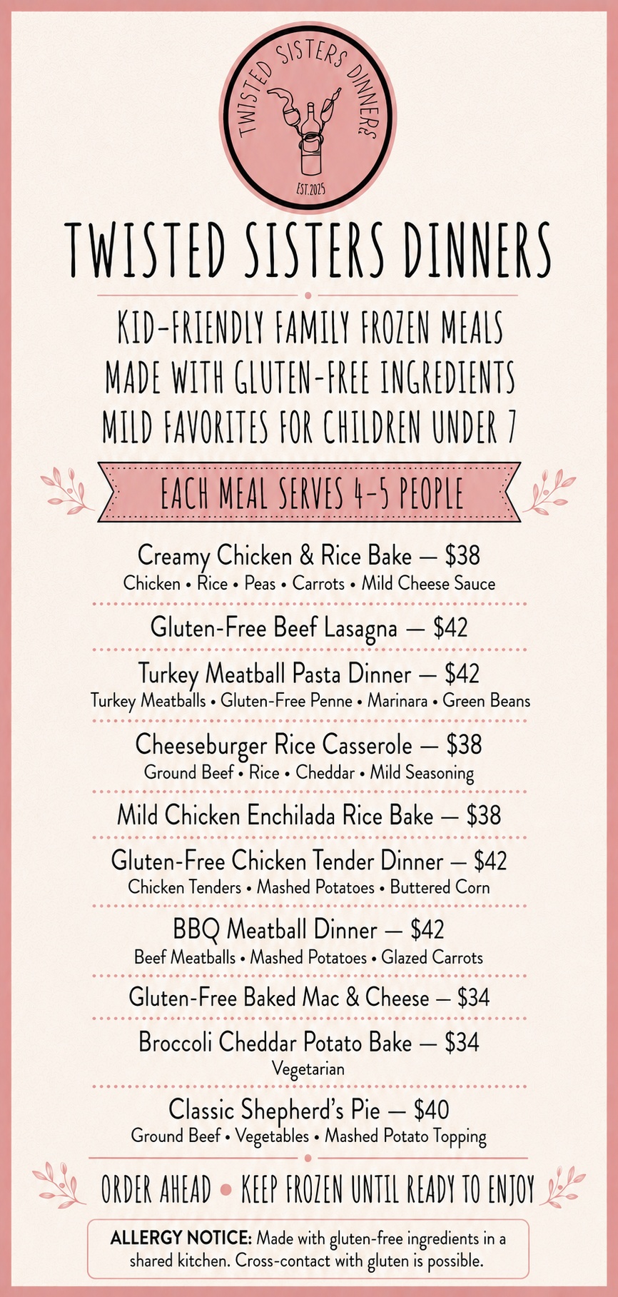 Kid-friendly frozen meals menu