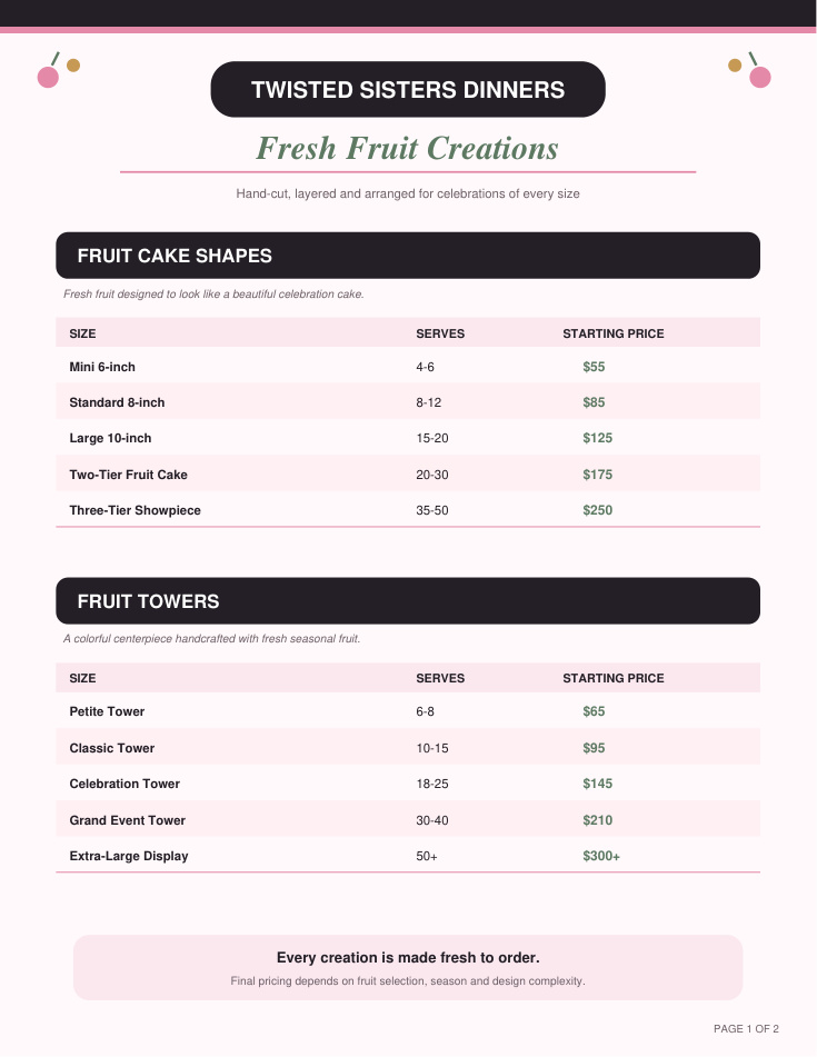 Fresh fruit creations menu