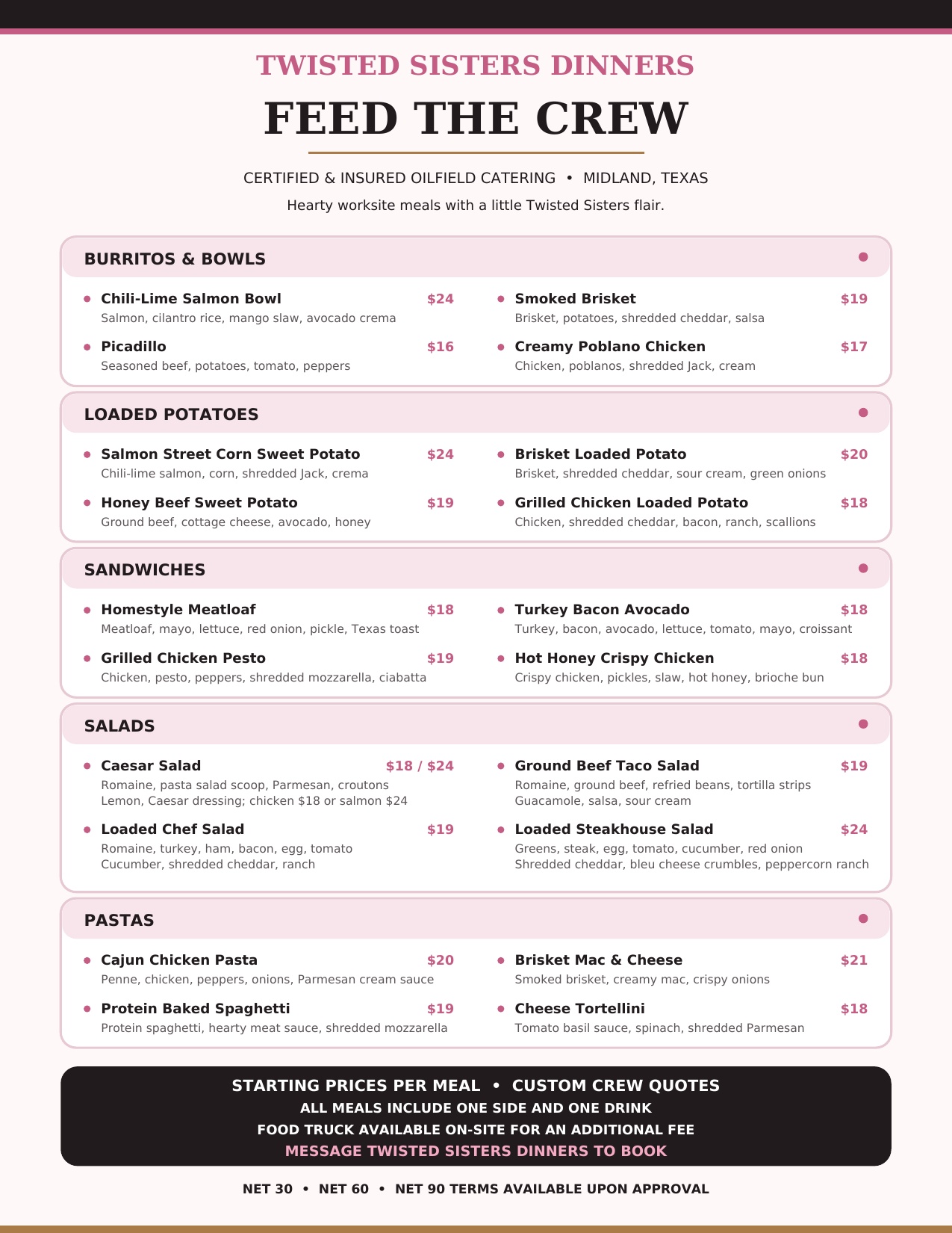 Oilfield & office catering menu