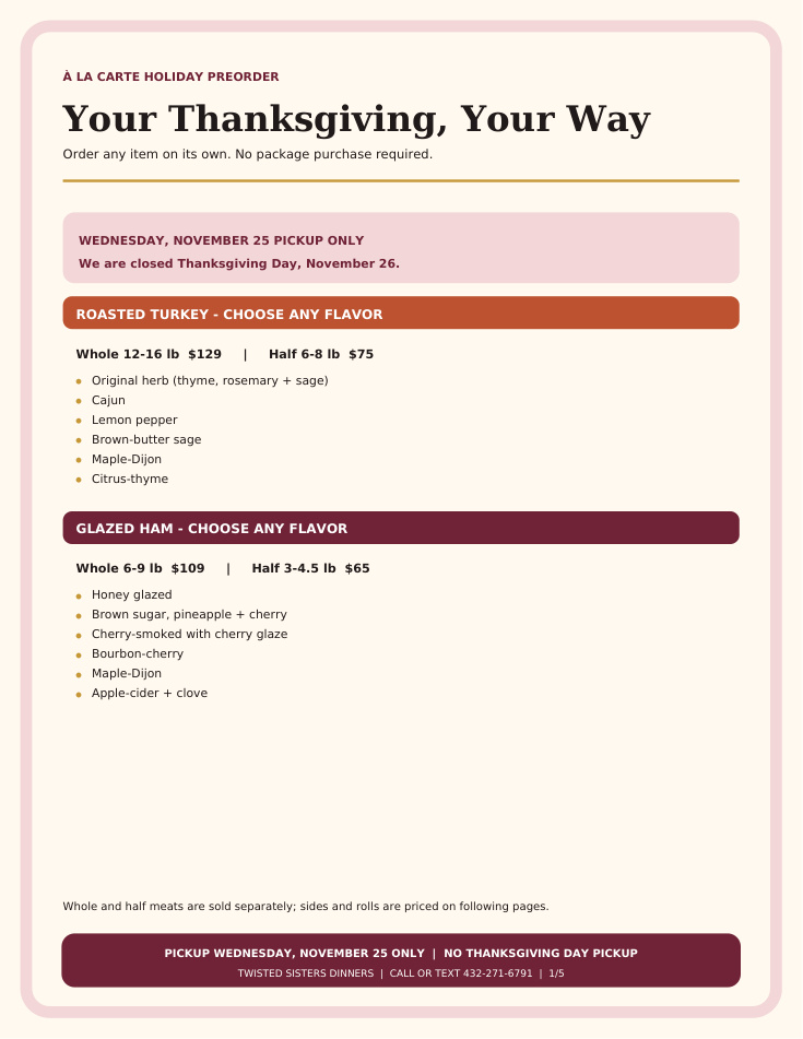 Thanksgiving home preorders menu