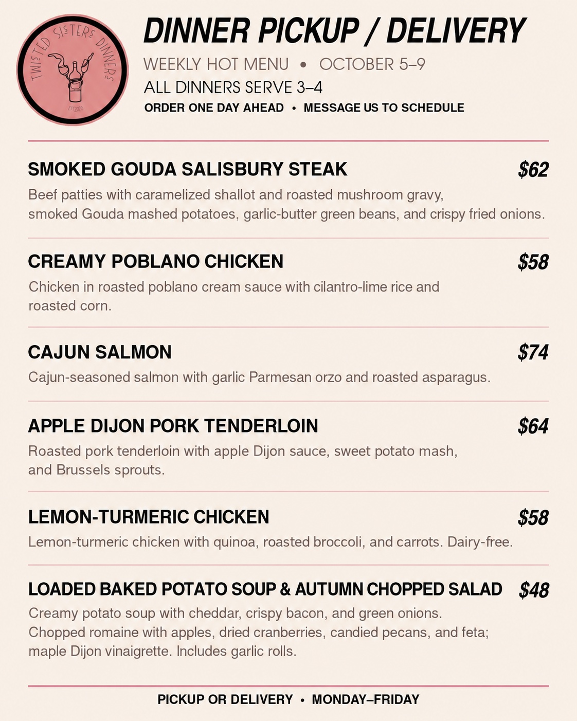 Weekly hot meals menu